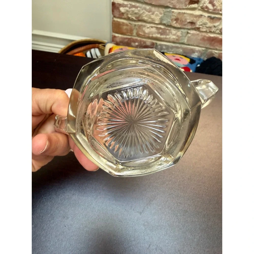 VTG MCM Clear Pressed Glass Open‎ Sugar Bowl Paneled Sunburst Base Double Handle